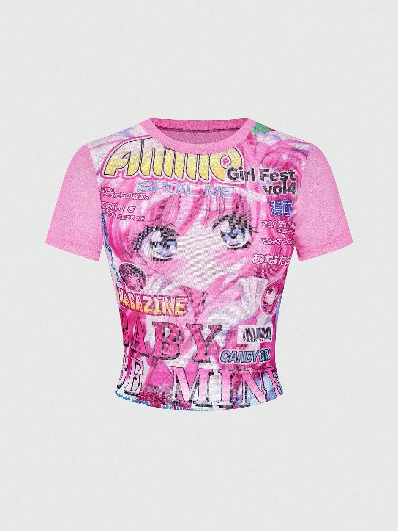 ROMWE Spring/Summer Women's Sexy Sheer Anime Character Graphic Tight Fit Short Sleeve Top