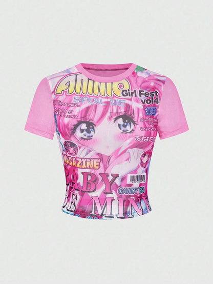 ROMWE Spring/Summer Women's Sexy Sheer Anime Character Graphic Tight Fit Short Sleeve Top