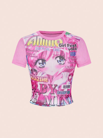ROMWE Spring/Summer Women's Sexy Sheer Anime Character Graphic Tight Fit Short Sleeve Top
