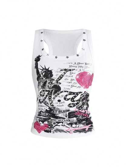 ROMWE Street Life Women's Y2K Retro Streetwear All-Match Sexy Slogan Print Rhinestone Tank Top