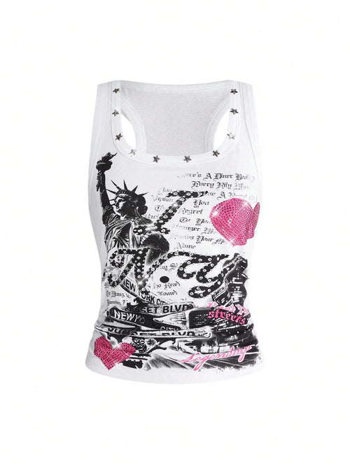 ROMWE Street Life Women's Y2K Retro Streetwear All-Match Sexy Slogan Print Rhinestone Tank Top