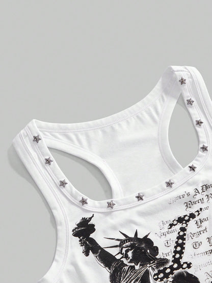 ROMWE Street Life Women's Y2K Retro Streetwear All-Match Sexy Slogan Print Rhinestone Tank Top