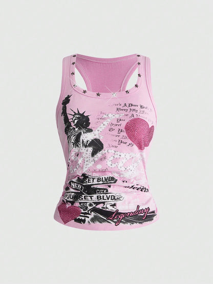 ROMWE Street Life Women's Y2K Retro Streetwear All-Match Sexy Slogan Print Rhinestone Tank Top