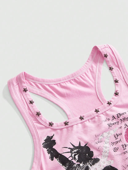 ROMWE Street Life Women's Y2K Retro Streetwear All-Match Sexy Slogan Print Rhinestone Tank Top
