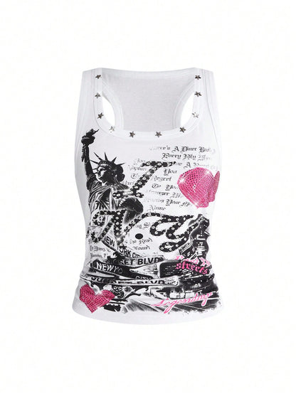 ROMWE Street Life Women's Y2K Retro Streetwear All-Match Sexy Slogan Print Rhinestone Tank Top