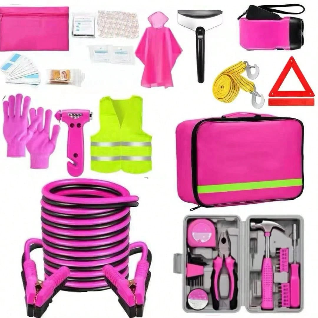 Rose Pink Car Roadside Emergency Kit, Multifunctional Vehicle Tool Set With Jumper Cables, Tow Straps & First Aid Bag For Road Trip Outdoor Driving, Batteries Not Included