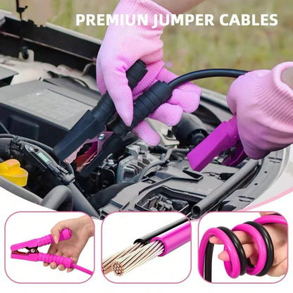 Rose Pink Car Roadside Emergency Kit, Multifunctional Vehicle Tool Set With Jumper Cables, Tow Straps & First Aid Bag For Road Trip Outdoor Driving, Batteries Not Included