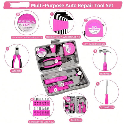 Rose Pink Car Roadside Emergency Kit, Multifunctional Vehicle Tool Set With Jumper Cables, Tow Straps & First Aid Bag For Road Trip Outdoor Driving, Batteries Not Included
