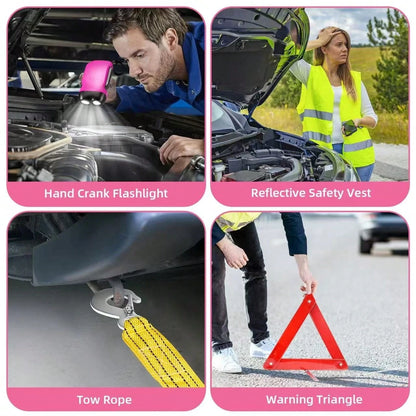 Rose Pink Car Roadside Emergency Kit, Multifunctional Vehicle Tool Set With Jumper Cables, Tow Straps & First Aid Bag For Road Trip Outdoor Driving, Batteries Not Included