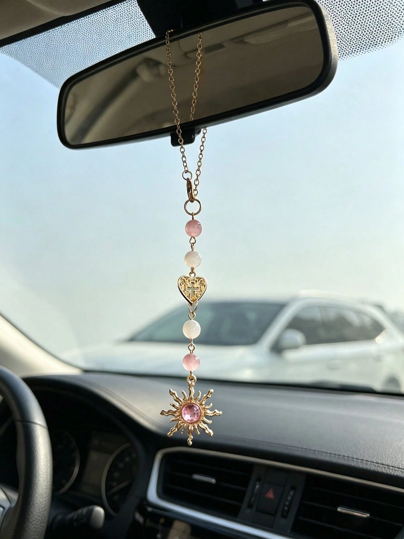 Rose Quartz Sun Shaped Car Rearview Mirror Hanging Decor, Vintage Alloy Pendant Ornament For Women, Car Interior Accessories