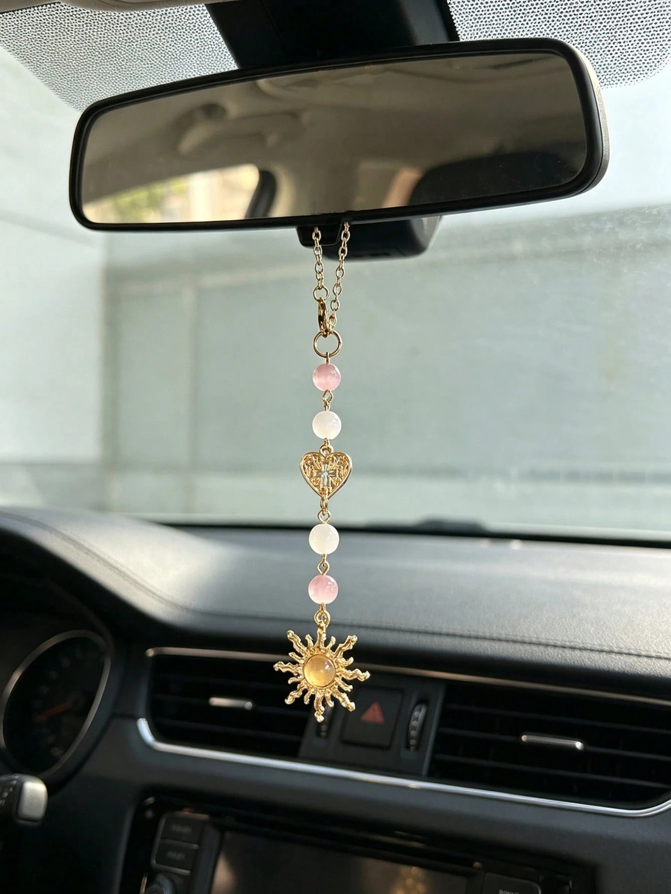 Rose Quartz Sun Shaped Car Rearview Mirror Hanging Decor, Vintage Alloy Pendant Ornament For Women, Car Interior Accessories