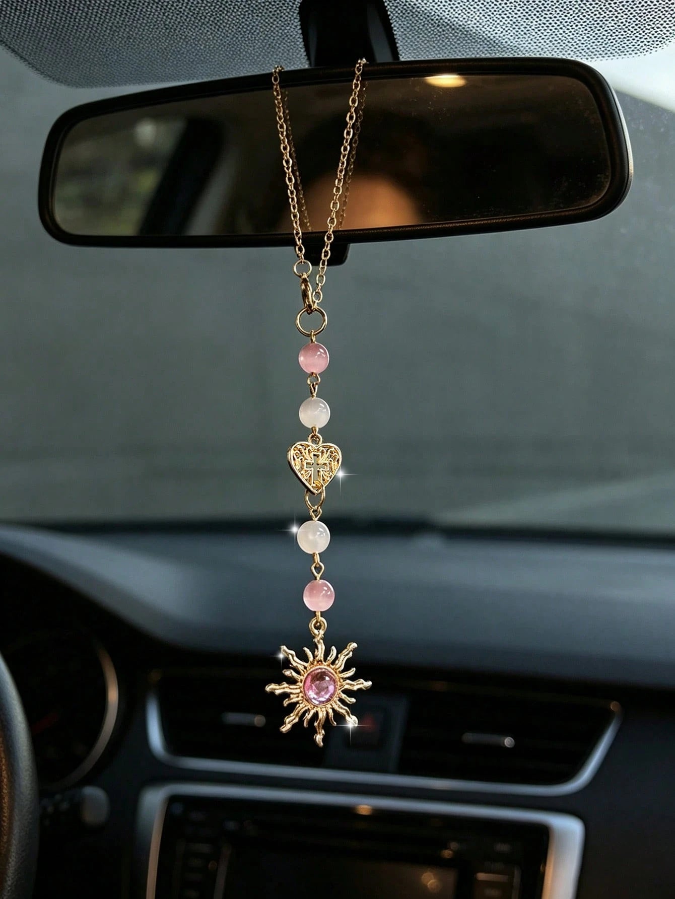 Rose Quartz Sun Shaped Car Rearview Mirror Hanging Decor, Vintage Alloy Pendant Ornament For Women, Car Interior Accessories