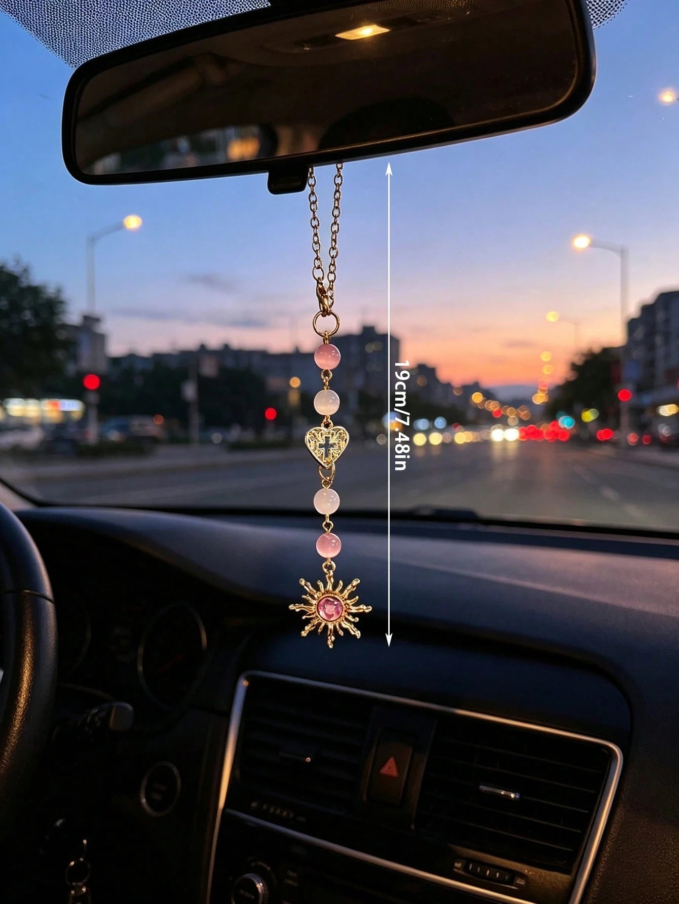 Rose Quartz Sun Shaped Car Rearview Mirror Hanging Decor, Vintage Alloy Pendant Ornament For Women, Car Interior Accessories
