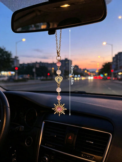 Rose Quartz Sun Shaped Car Rearview Mirror Hanging Decor, Vintage Alloy Pendant Ornament For Women, Car Interior Accessories
