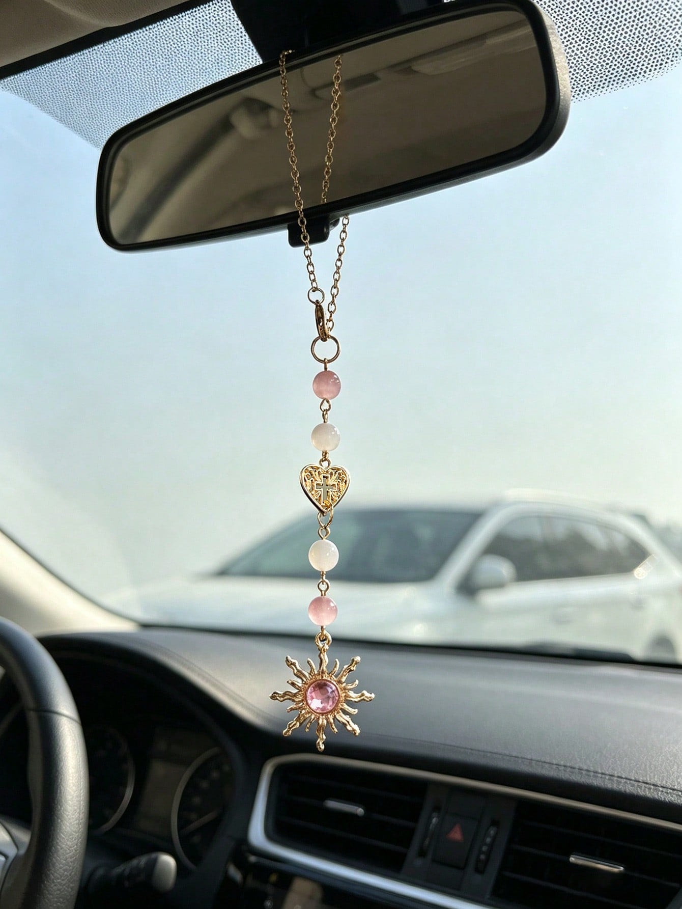 Rose Quartz Sun Shaped Car Rearview Mirror Hanging Decor, Vintage Alloy Pendant Ornament For Women, Car Interior Accessories
