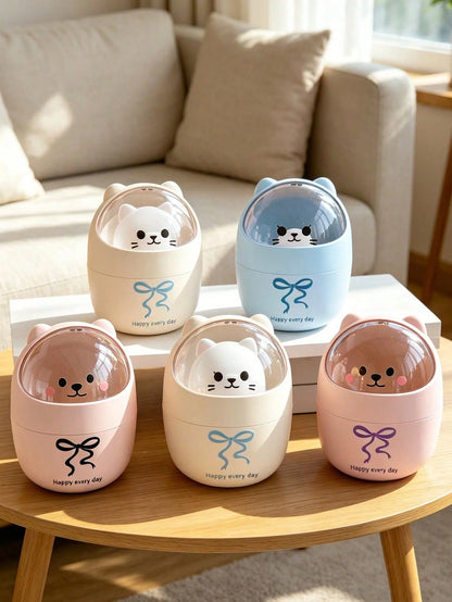 Round Mini Desktop Trash Can, Simple Recycling Container, Creative Plastic Waste Storage Box, Kitchen Set, Cute Large Opening Detachable Lid Trash Basket, Easy To Throw Trash, Suitable For Bedroom Nig