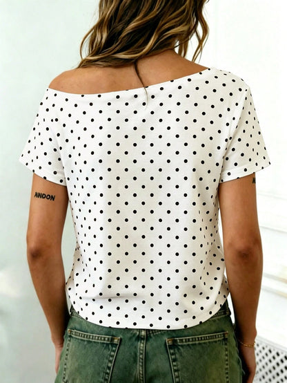 Rovax Polka Dot Print Cropped Asymmetric Neck Short Sleeve T-Shirt