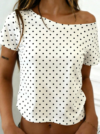 Rovax Polka Dot Print Cropped Asymmetric Neck Short Sleeve T-Shirt