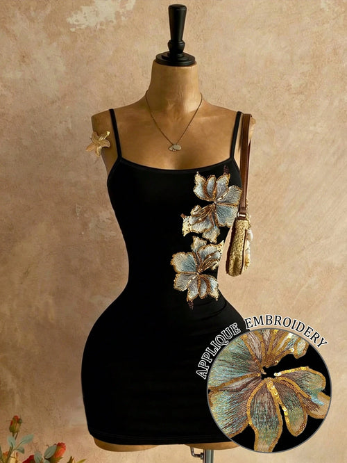 Rovax Vintage Elegant Dress,Heavy Patchwork Embroidery Sequin Black Floral,Summer,70s,Nightclub,Party Fashionable Strap Dress,Mother's Day Gift For Mom