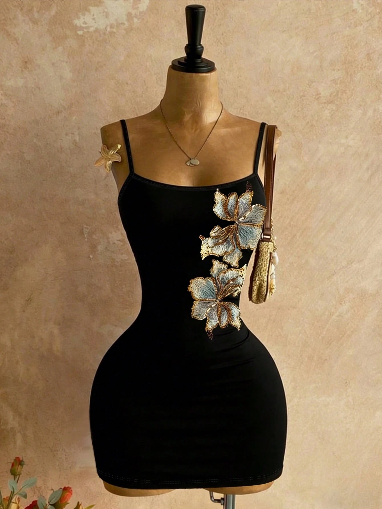 Rovax Vintage Elegant Dress,Heavy Patchwork Embroidery Sequin Black Floral,Summer,70s,Nightclub,Party Fashionable Strap Dress,Mother's Day Gift For Mom