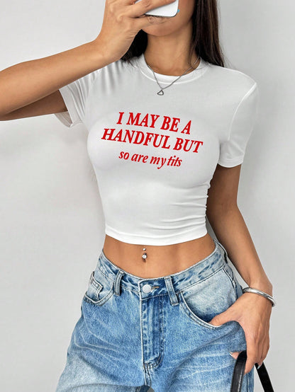 Rovax Women Plus Size Casual Slogan Print Round Neck Cropped T-Shirt, Summer