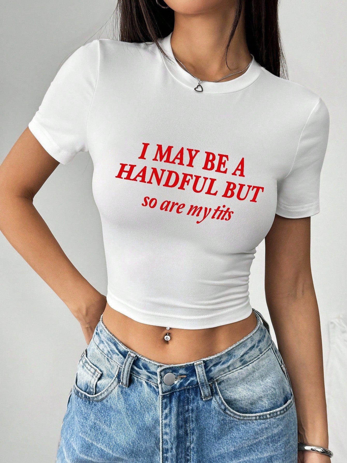 Rovax Women Plus Size Casual Slogan Print Round Neck Cropped T-Shirt, Summer