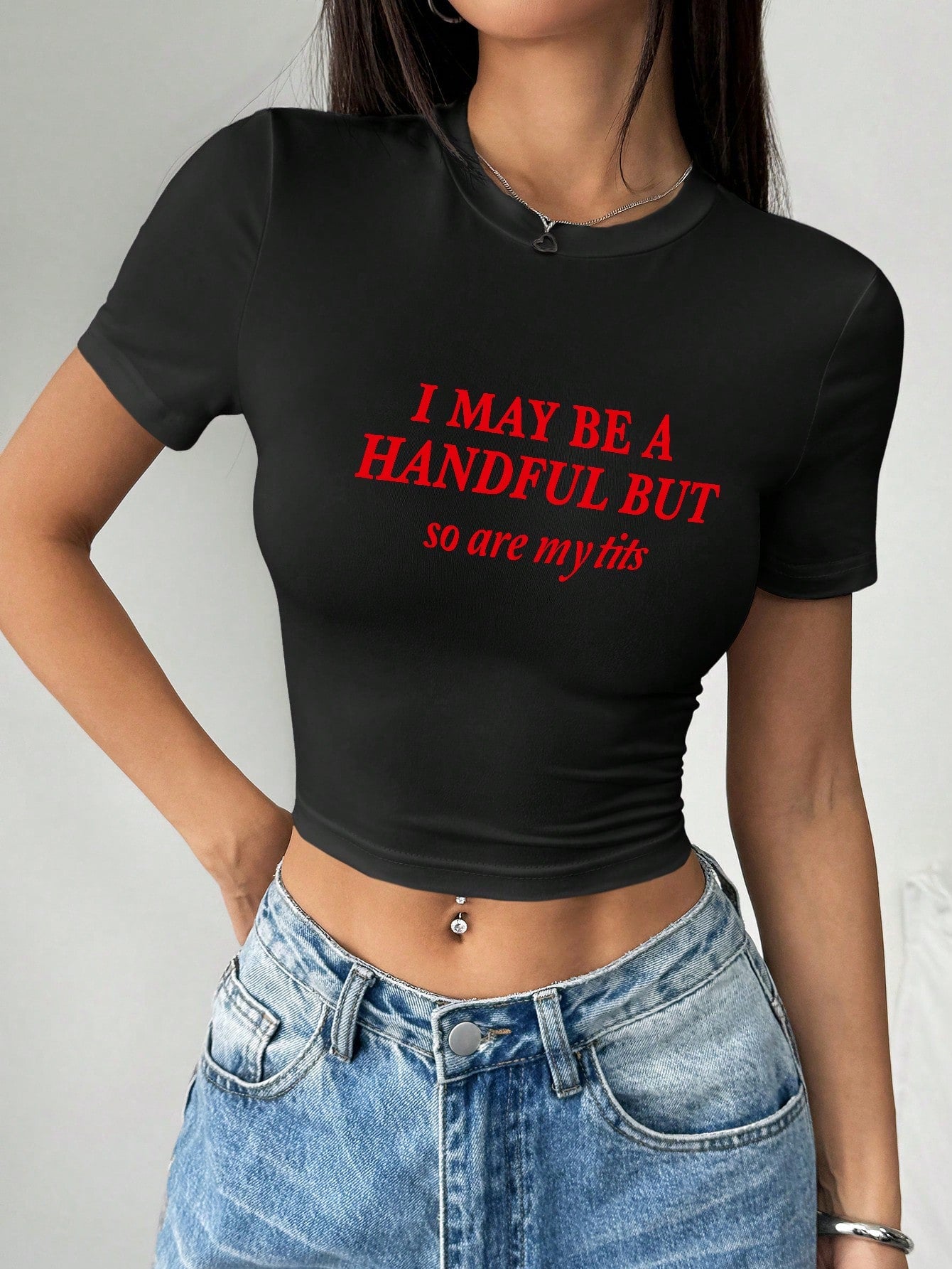 Rovax Women Plus Size Casual Slogan Print Round Neck Cropped T-Shirt, Summer