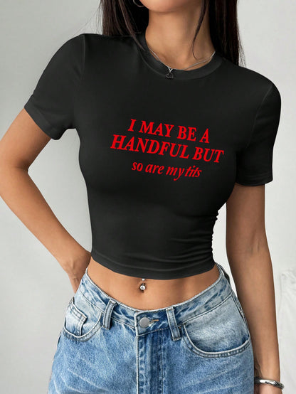 Rovax Women Plus Size Casual Slogan Print Round Neck Cropped T-Shirt, Summer