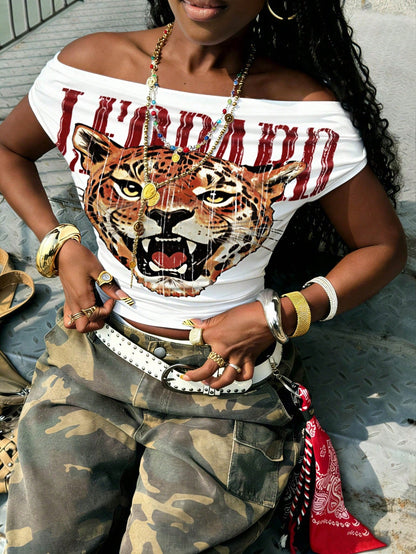 Rovax Women's Off Shoulder Ruched Tight Short Sleeve T-Shirt,Graphic Leopard Print White Summer Streetwear Rave,Cool Girl Party Clothes
