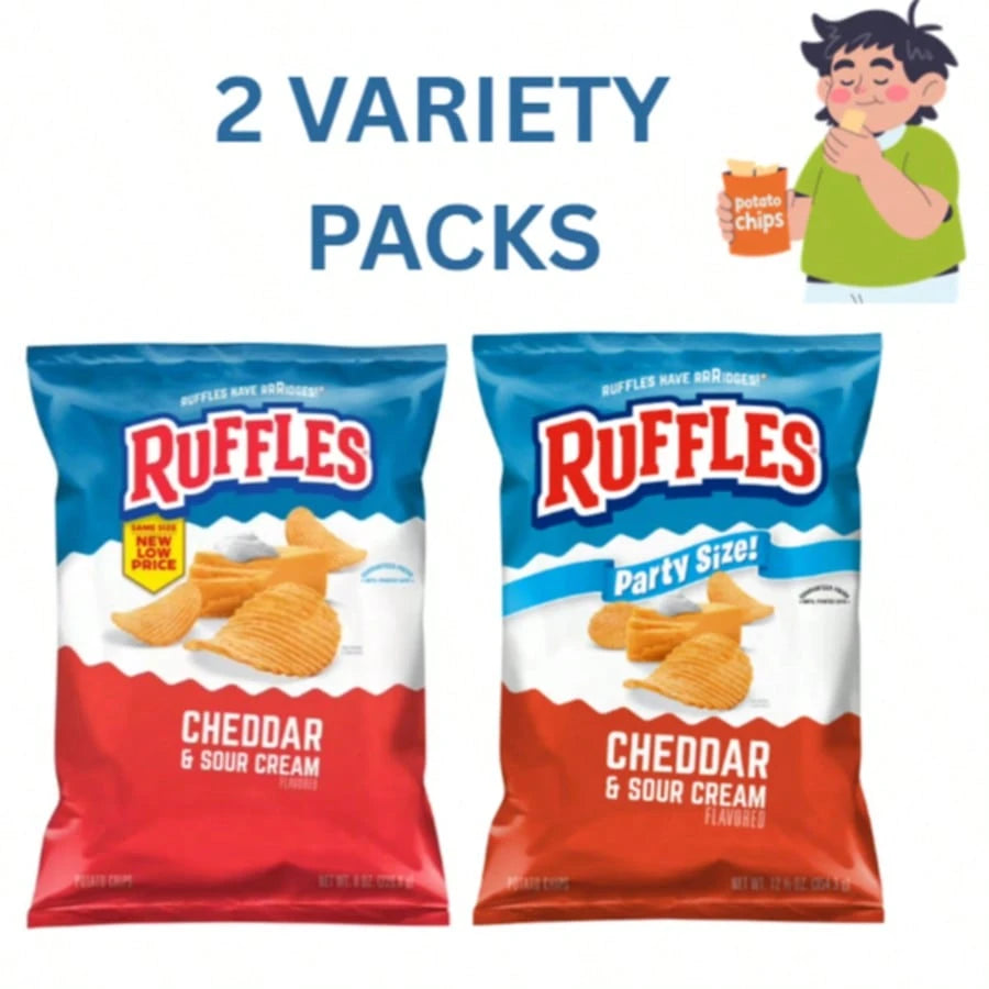 Ruffles Cheddar & Sour Cream Potato Chips Variety Pack – 8 Oz & Party Size 12.5 Oz Bags, 2-Pack