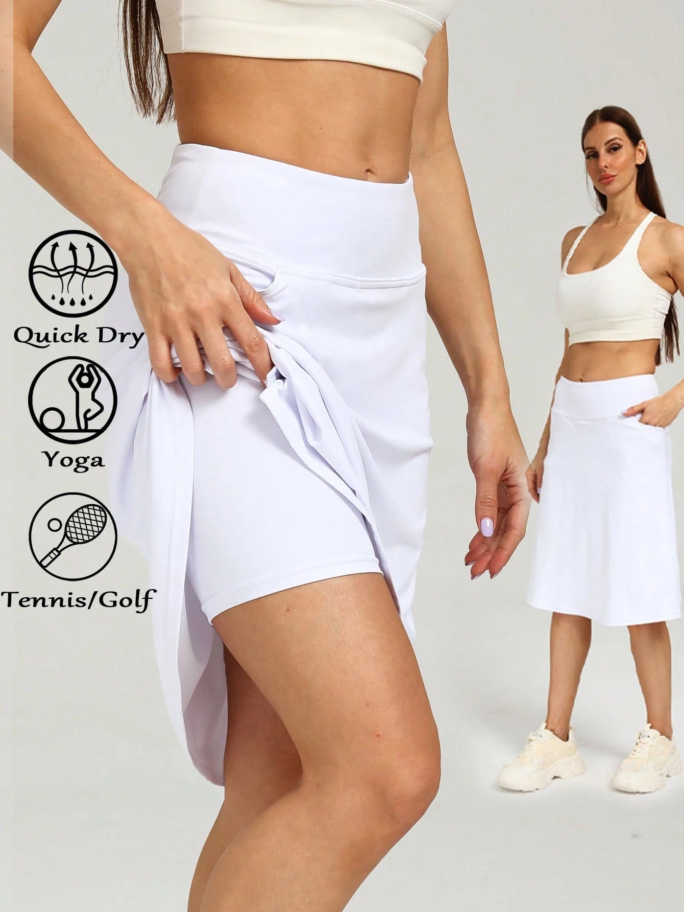 RUNONWHEELS 5 Women's Golf Skirt, Mid-Length Tennis Skirt, Knee-Length Skirt Pants, Casual Sports Style, Loose Long Skirt With Pockets, UV Protection Spring