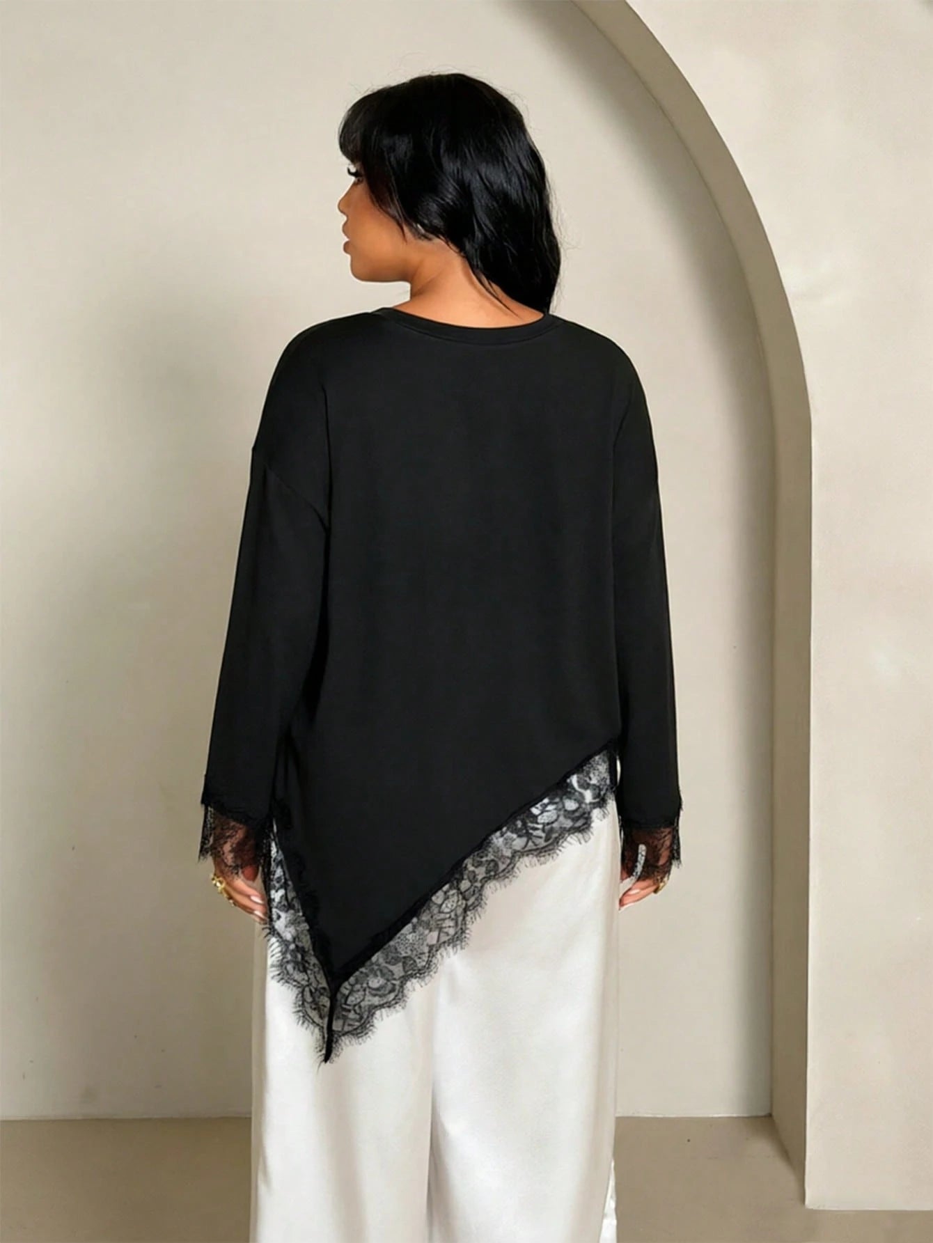 Rustia Women's Round Neck Pullover Lace Asymmetrical Design Early Autumn Commute Versatile Long Sleeve T-Shirt Top