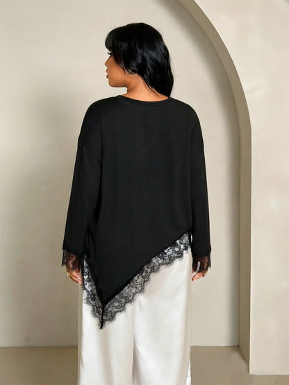 Rustia Women's Round Neck Pullover Lace Asymmetrical Design Early Autumn Commute Versatile Long Sleeve T-Shirt Top
