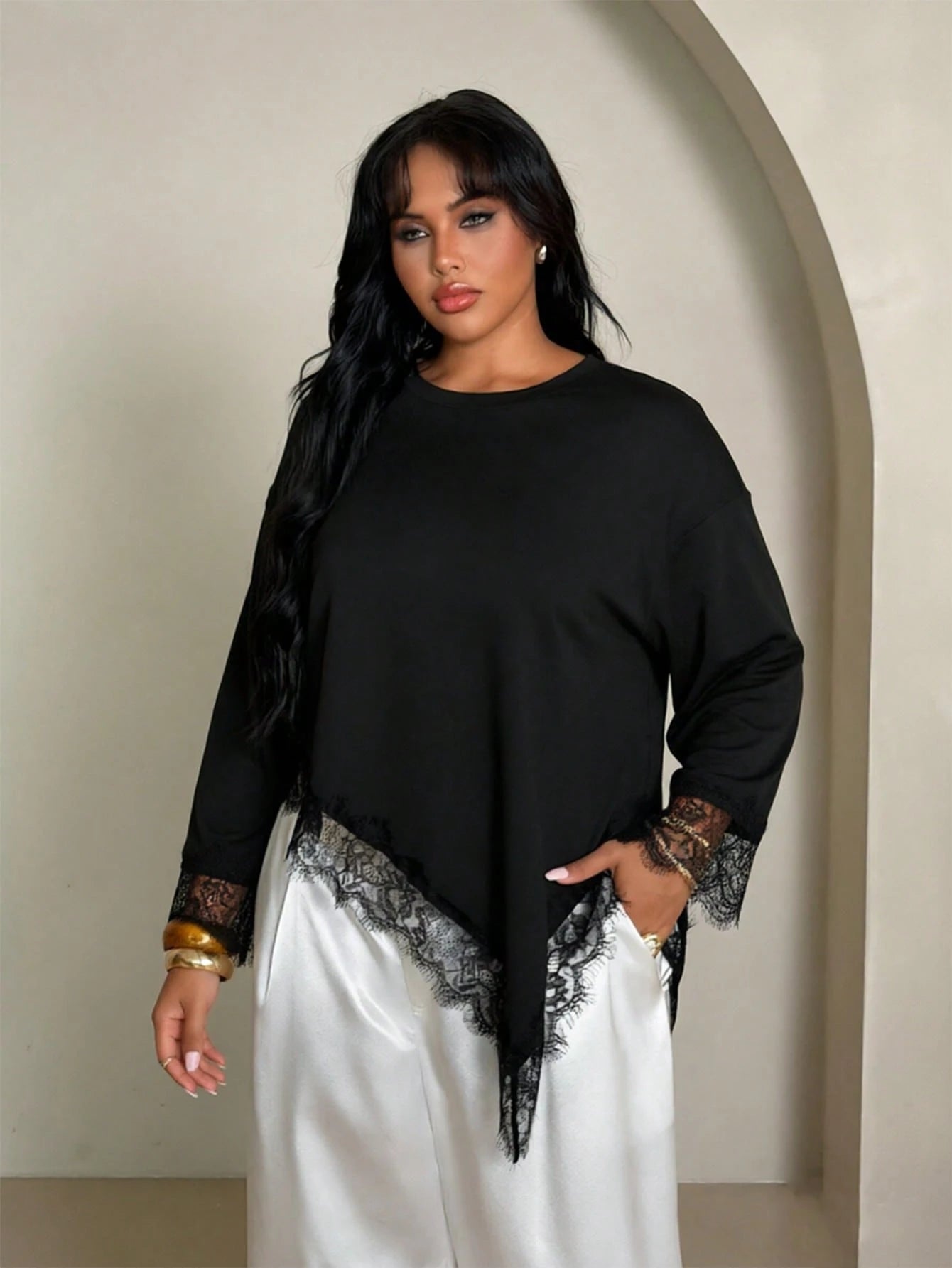Rustia Women's Round Neck Pullover Lace Asymmetrical Design Early Autumn Commute Versatile Long Sleeve T-Shirt Top