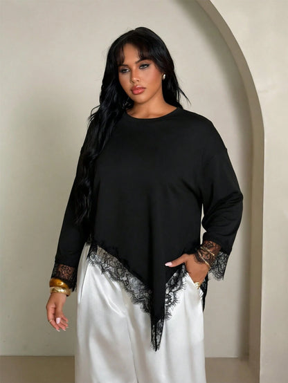 Rustia Women's Round Neck Pullover Lace Asymmetrical Design Early Autumn Commute Versatile Long Sleeve T-Shirt Top