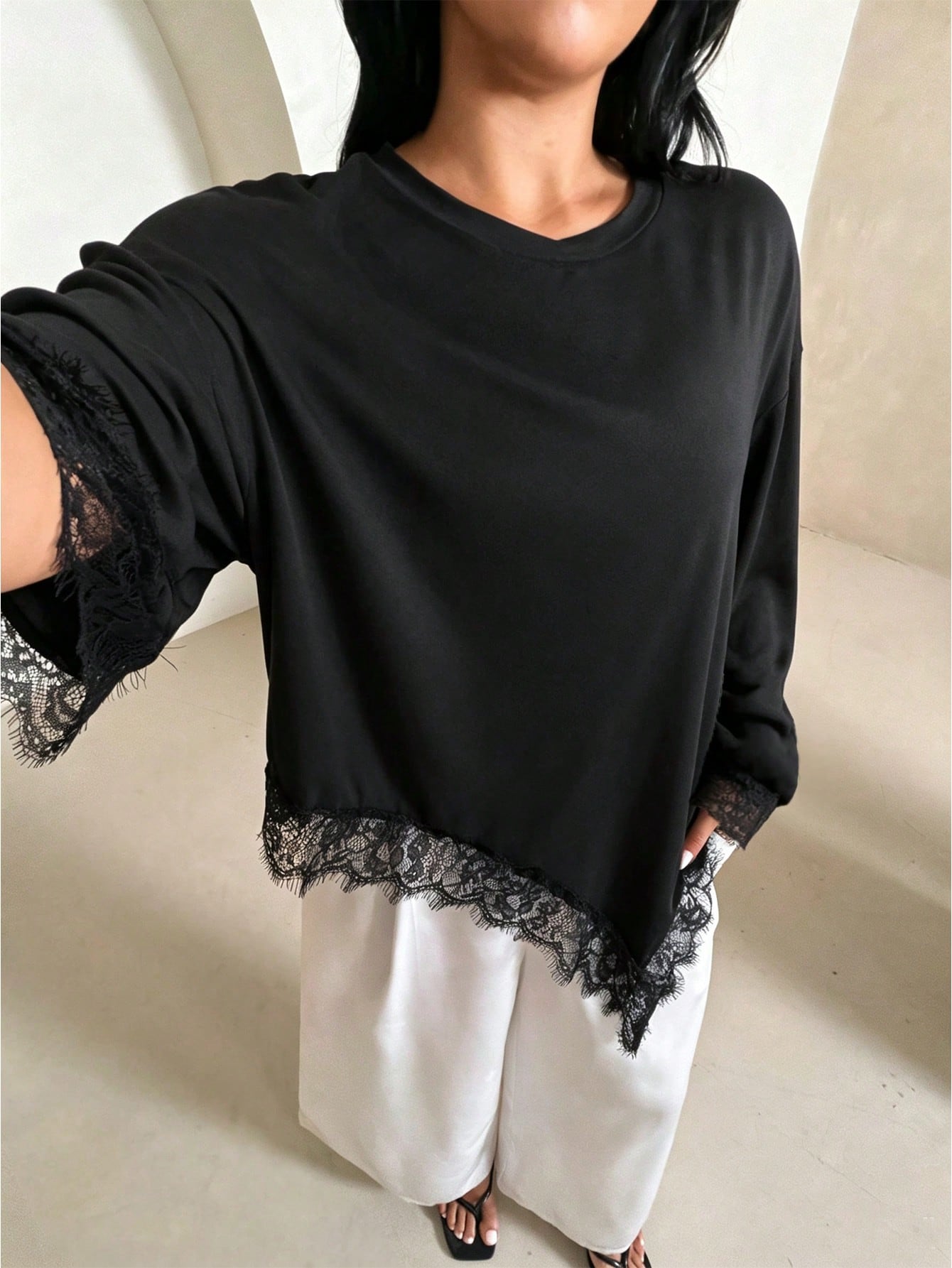Rustia Women's Round Neck Pullover Lace Asymmetrical Design Early Autumn Commute Versatile Long Sleeve T-Shirt Top
