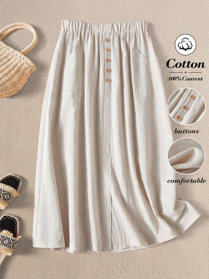 Rusticease White Casual Retro Women's Skirt, Cotton 100%Summer Outfits Spring Party Holiday For Women Comfortable With Pockets Clothing Skirts