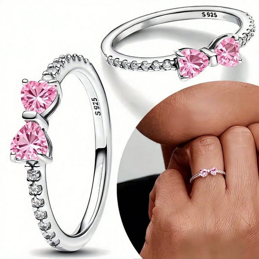 S925 Silver Ring Zirconia Shining Pink Bow Ring Original S925 Finger Wedding Ring DIY Women Fine Jewelry Gift