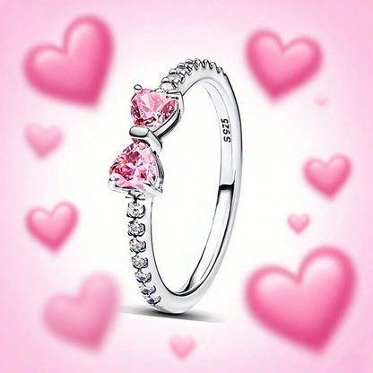 S925 Silver Ring Zirconia Shining Pink Bow Ring Original S925 Finger Wedding Ring DIY Women Fine Jewelry Gift