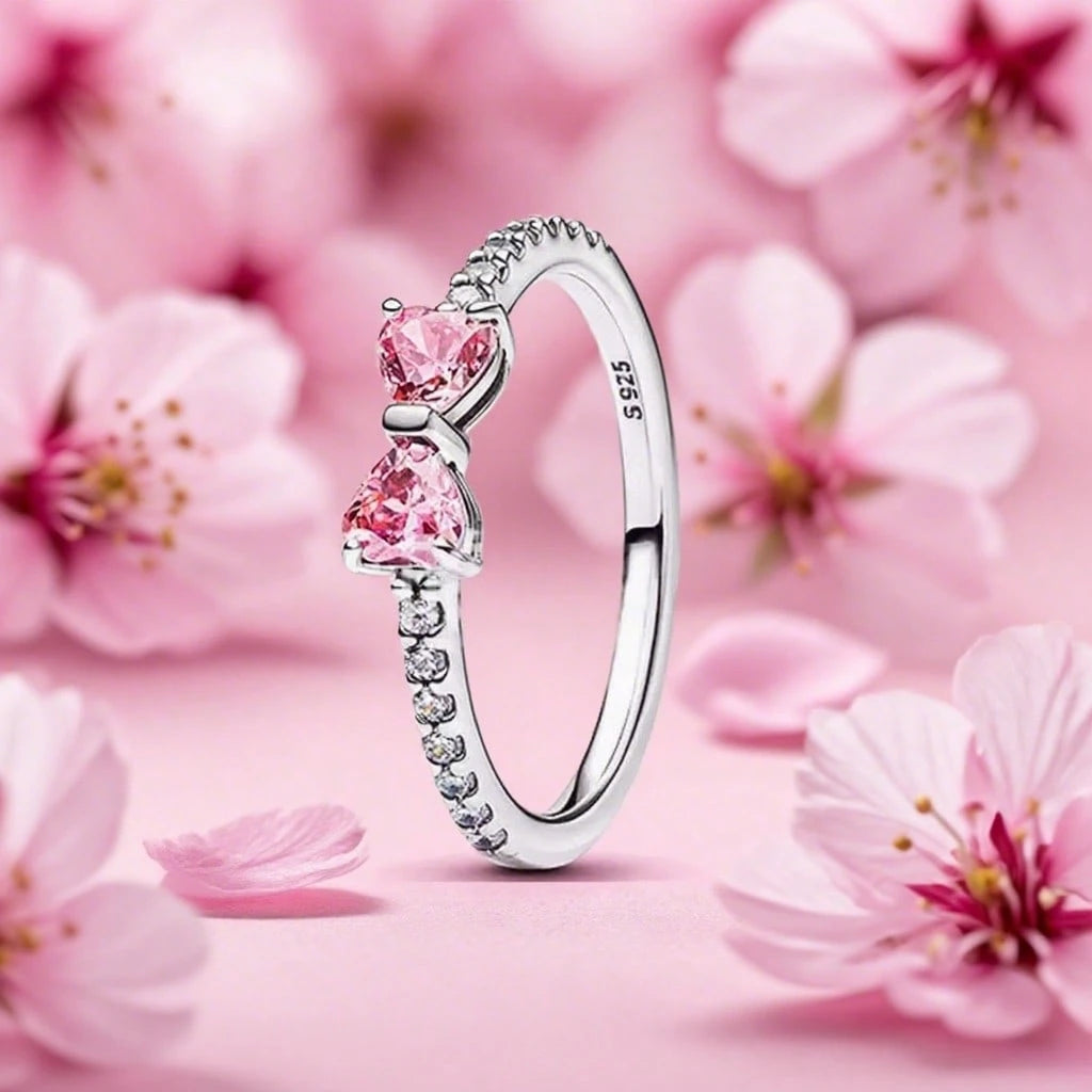 S925 Silver Ring Zirconia Shining Pink Bow Ring Original S925 Finger Wedding Ring DIY Women Fine Jewelry Gift