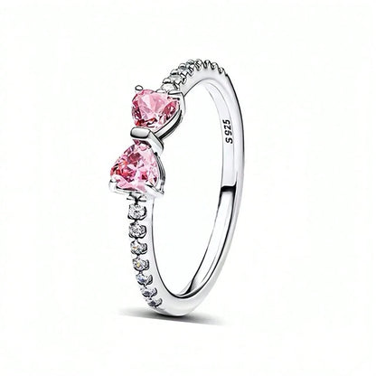 S925 Silver Ring Zirconia Shining Pink Bow Ring Original S925 Finger Wedding Ring DIY Women Fine Jewelry Gift