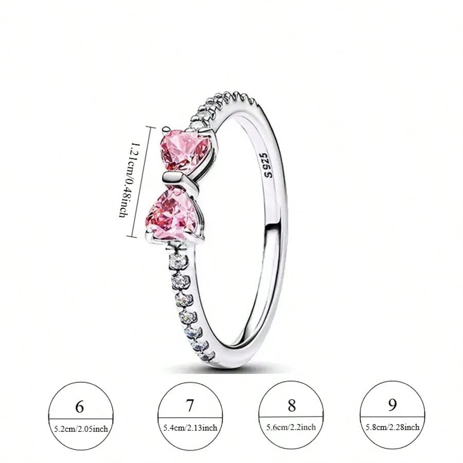 S925 Silver Ring Zirconia Shining Pink Bow Ring Original S925 Finger Wedding Ring DIY Women Fine Jewelry Gift