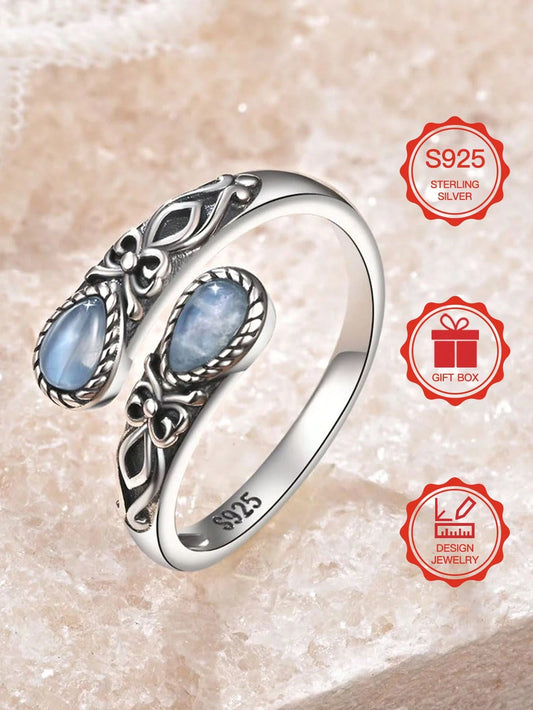 S925 Sterling Silver Moonstone Women's Adjustable Thumb Ring, Victoria Vintage Style Hypoallergenic Nickel Free, Retro Floral, Lucky, Faith, Mother's Love Ring, Bohemian Vintage Style, Daily, Party, H