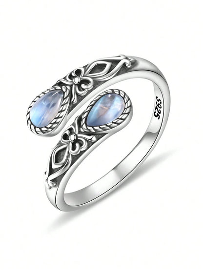 S925 Sterling Silver Moonstone Women's Adjustable Thumb Ring, Victoria Vintage Style Hypoallergenic Nickel Free, Retro Floral, Lucky, Faith, Mother's Love Ring, Bohemian Vintage Style, Daily, Party, H