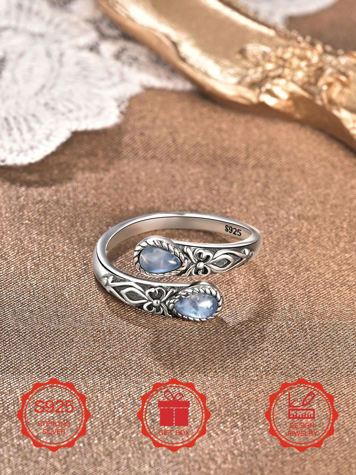 S925 Sterling Silver Moonstone Women's Adjustable Thumb Ring, Victoria Vintage Style Hypoallergenic Nickel Free, Retro Floral, Lucky, Faith, Mother's Love Ring, Bohemian Vintage Style, Daily, Party, H