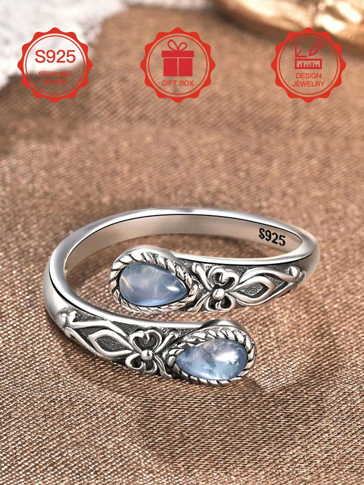 S925 Sterling Silver Moonstone Women's Adjustable Thumb Ring, Victoria Vintage Style Hypoallergenic Nickel Free, Retro Floral, Lucky, Faith, Mother's Love Ring, Bohemian Vintage Style, Daily, Party, H