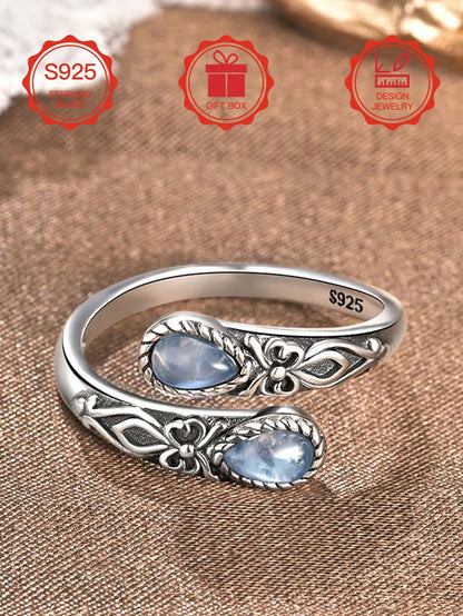 S925 Sterling Silver Moonstone Women's Adjustable Thumb Ring, Victoria Vintage Style Hypoallergenic Nickel Free, Retro Floral, Lucky, Faith, Mother's Love Ring, Bohemian Vintage Style, Daily, Party, H