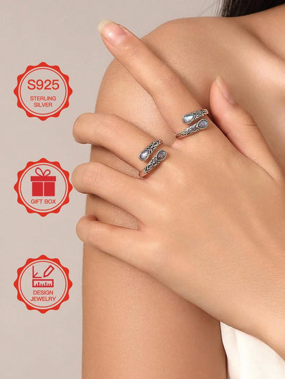 S925 Sterling Silver Moonstone Women's Adjustable Thumb Ring, Victoria Vintage Style Hypoallergenic Nickel Free, Retro Floral, Lucky, Faith, Mother's Love Ring, Bohemian Vintage Style, Daily, Party, H