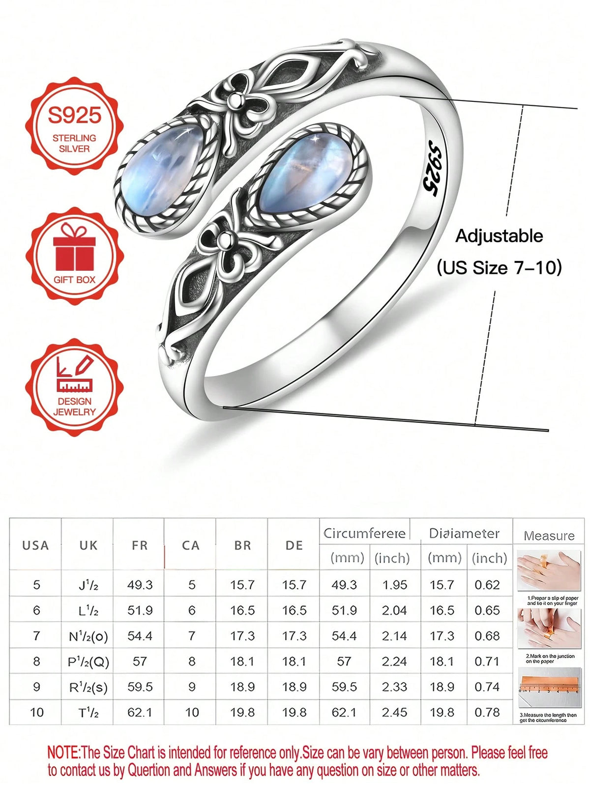 S925 Sterling Silver Moonstone Women's Adjustable Thumb Ring, Victoria Vintage Style Hypoallergenic Nickel Free, Retro Floral, Lucky, Faith, Mother's Love Ring, Bohemian Vintage Style, Daily, Party, H