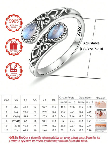 S925 Sterling Silver Moonstone Women's Adjustable Thumb Ring, Victoria Vintage Style Hypoallergenic Nickel Free, Retro Floral, Lucky, Faith, Mother's Love Ring, Bohemian Vintage Style, Daily, Party, H